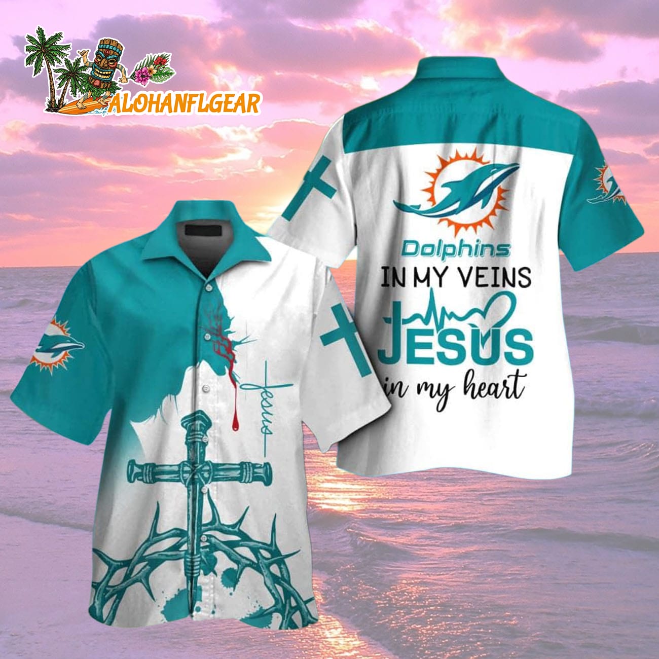 Miami Dolphins In My Veins Jesus Im My Heart Hawaiian Shirt Miami Dolphins In My Veins Jesus Im My Heart Hawaiian Shirt