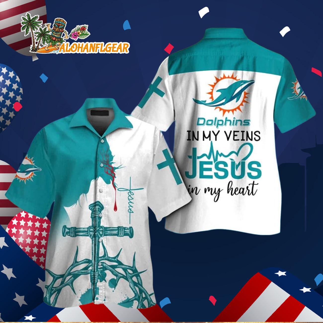 Miami Dolphins In My Veins Jesus Im My Heart Hawaiian Shirt Miami Dolphins In My Veins Jesus Im My Heart Hawaiian Shirt