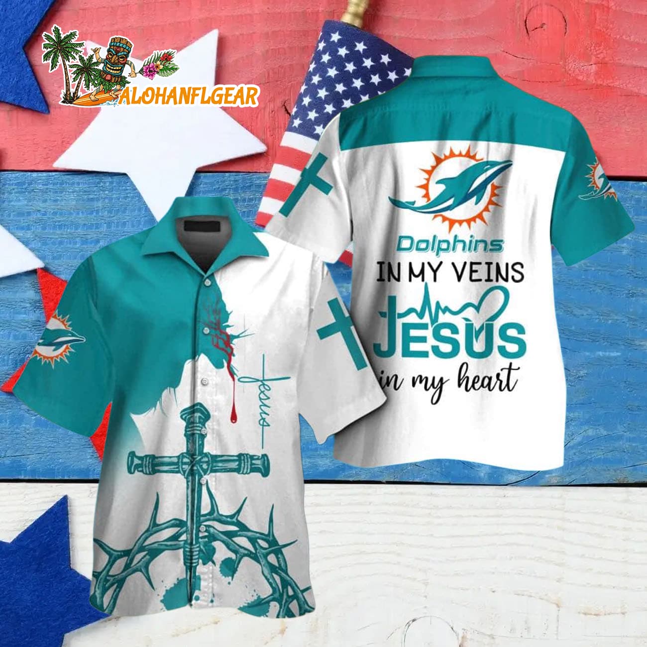 Miami Dolphins In My Veins Jesus Im My Heart Hawaiian Shirt Miami Dolphins In My Veins Jesus Im My Heart Hawaiian Shirt