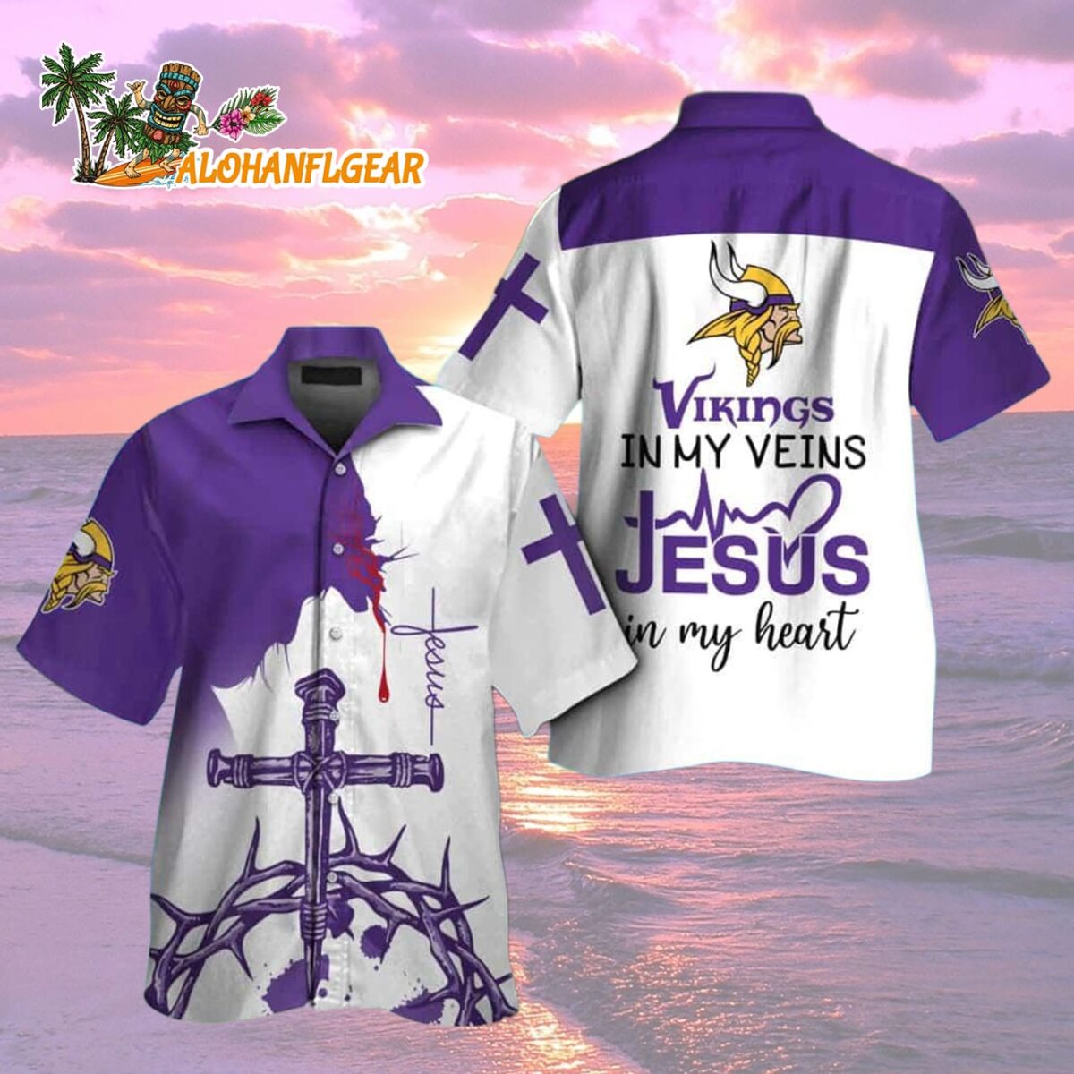 Minnesota Vikings In My Veins Jesus Im My Heart Hawaiian Shirt 2