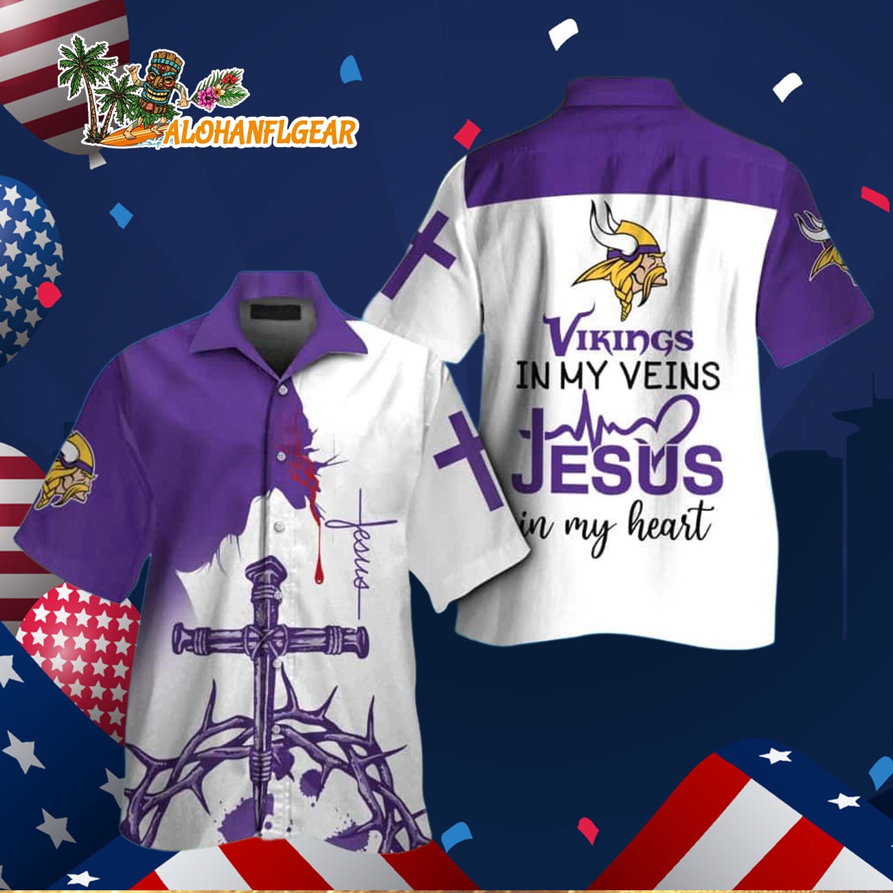 Minnesota Vikings In My Veins Jesus Im My Heart Hawaiian Shirt Minnesota Vikings In My Veins Jesus Im My Heart Hawaiian Shirt
