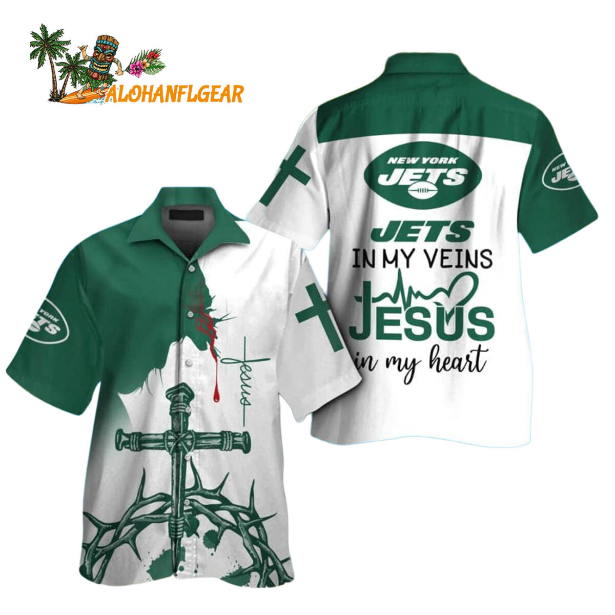 New York Jets In My Veins Jesus Im My Heart Hawaiian Shirt 1