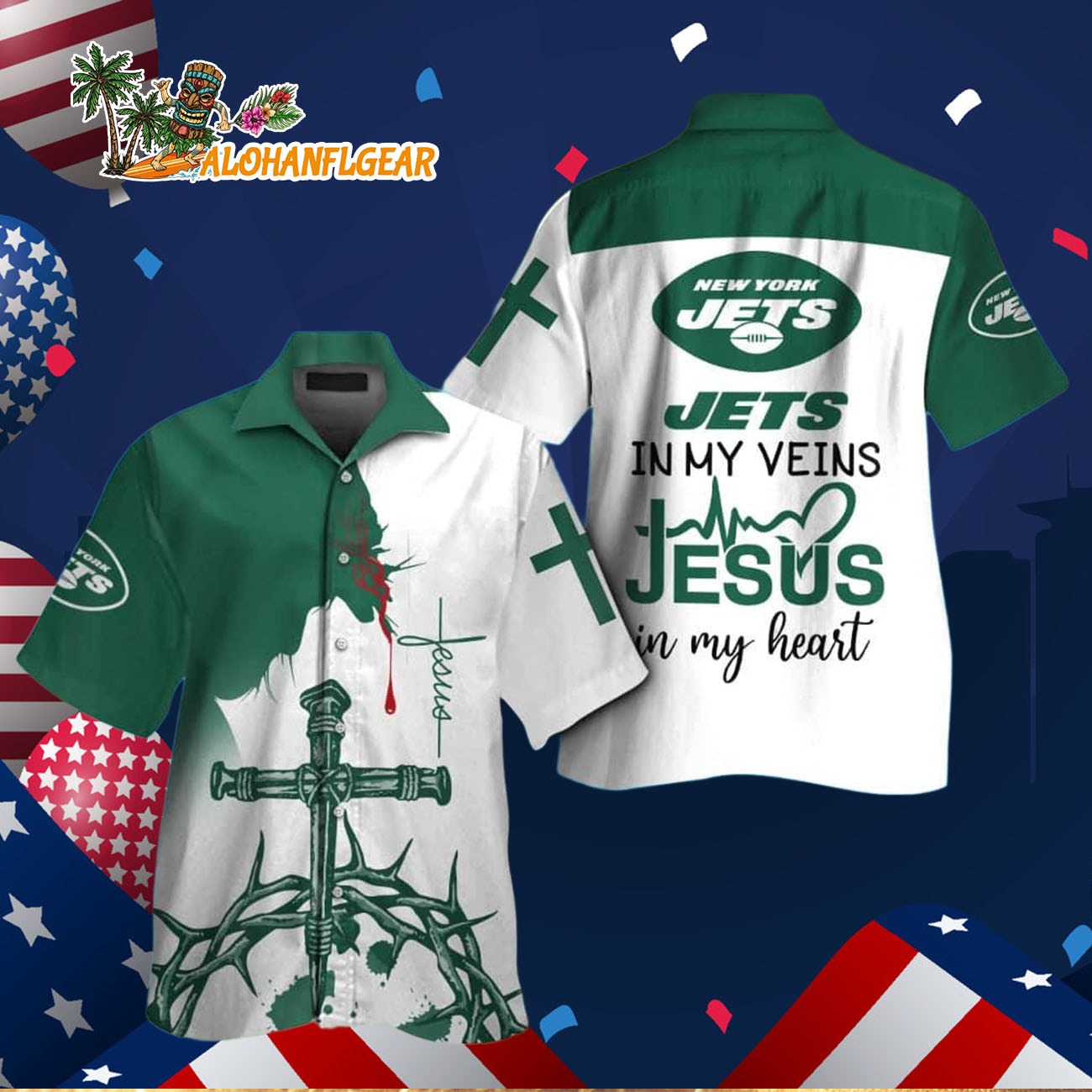 New York Jets In My Veins Jesus Im My Heart Hawaiian Shirt New York Jets In My Veins Jesus Im My Heart Hawaiian Shirt