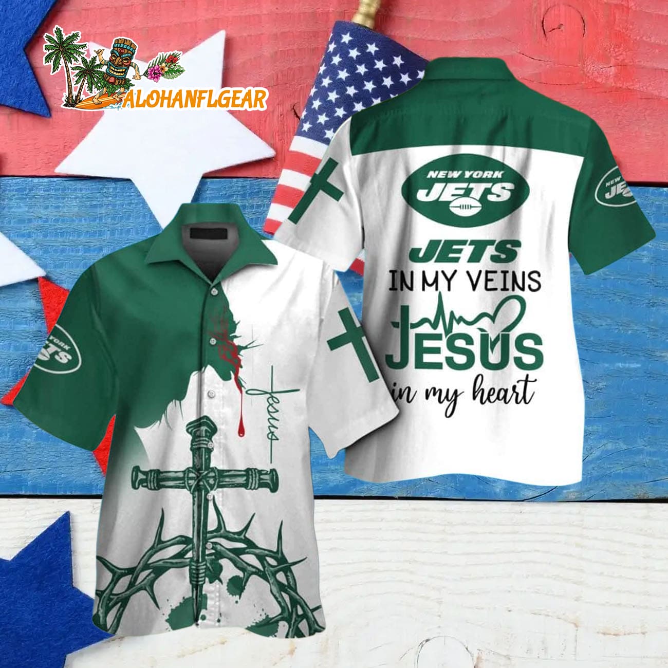 New York Jets In My Veins Jesus Im My Heart Hawaiian Shirt New York Jets In My Veins Jesus Im My Heart Hawaiian Shirt
