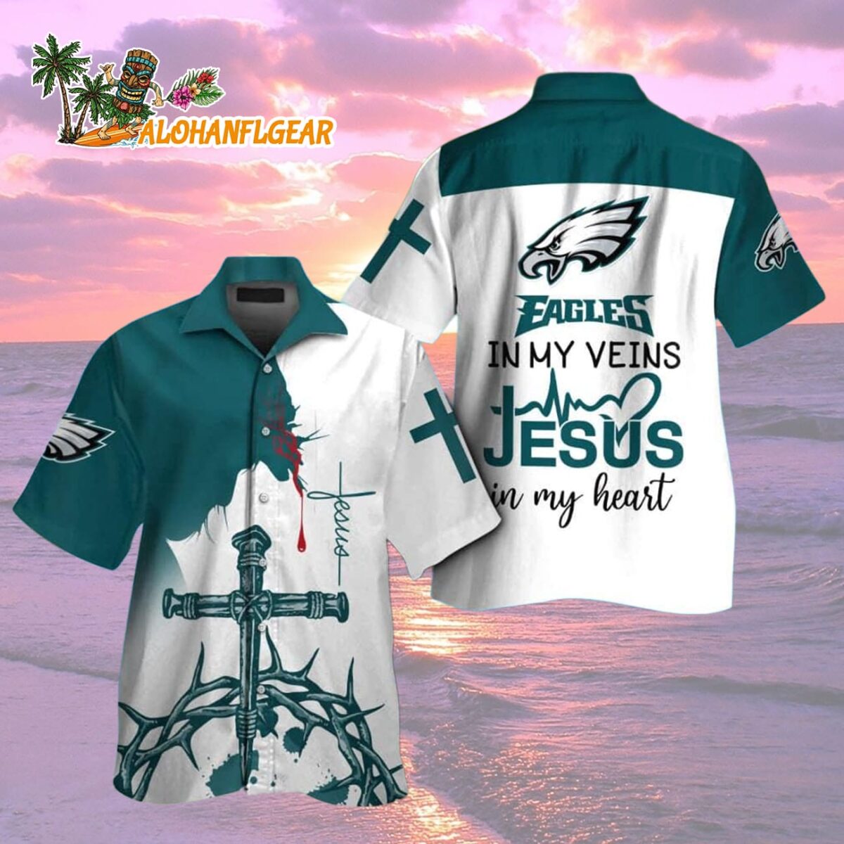 Philadelphia Eagles In My Veins Jesus Im My Heart Hawaiian Shirt 2