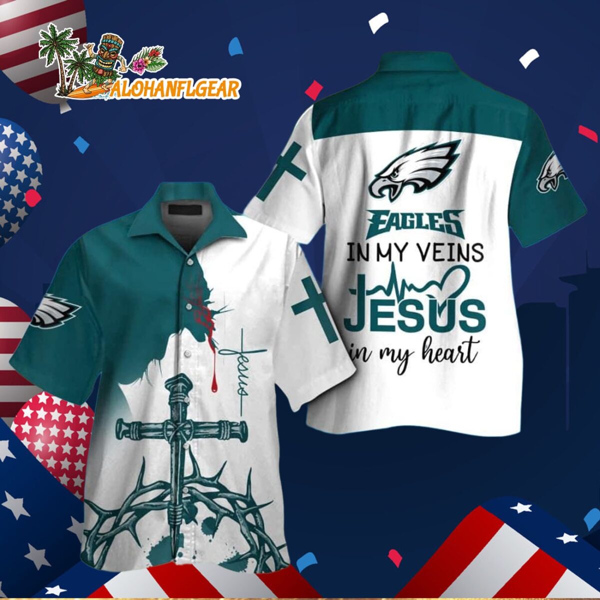Philadelphia Eagles In My Veins Jesus Im My Heart Hawaiian Shirt 3