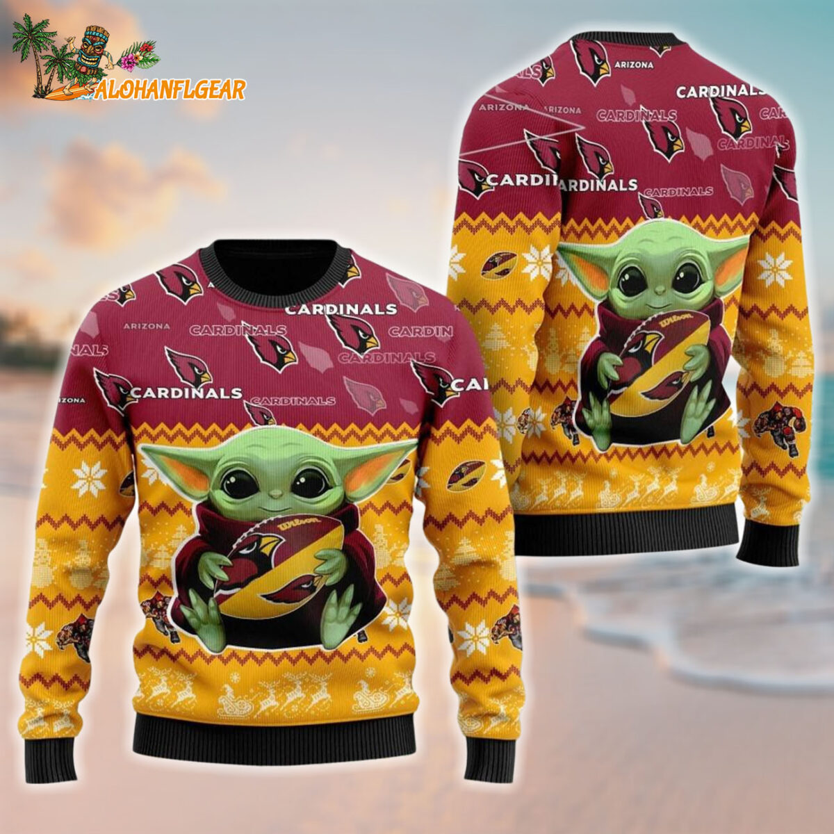 Arizona Cardinals Baby Yoda Hug The Ball Christmas Ugly Sweater