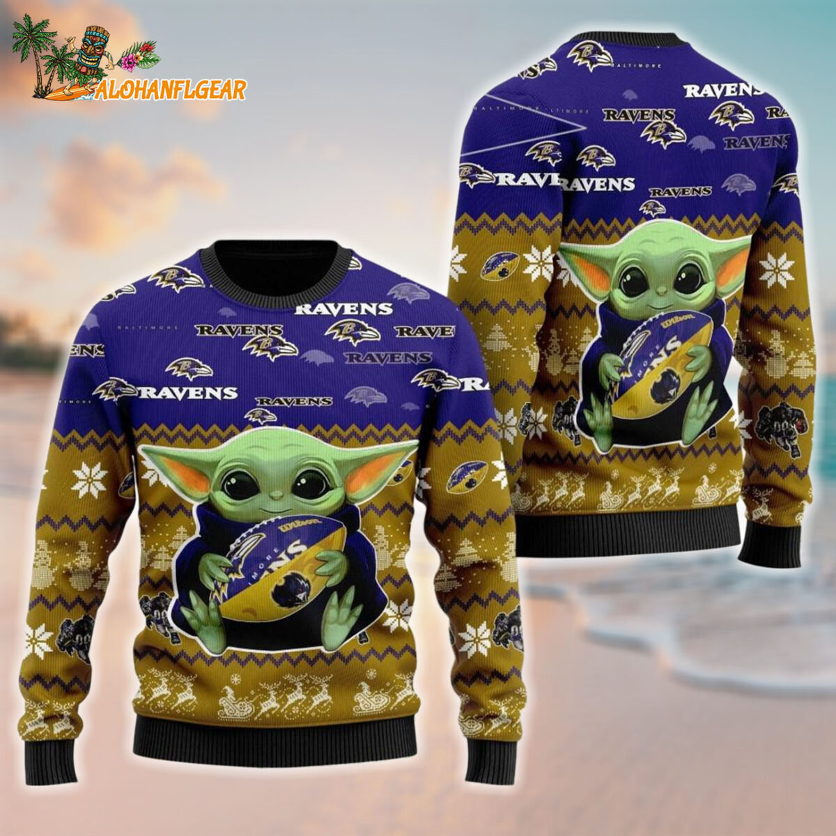 Baltimore Ravens Baby Yoda Hug The Ball Christmas Ugly Sweater