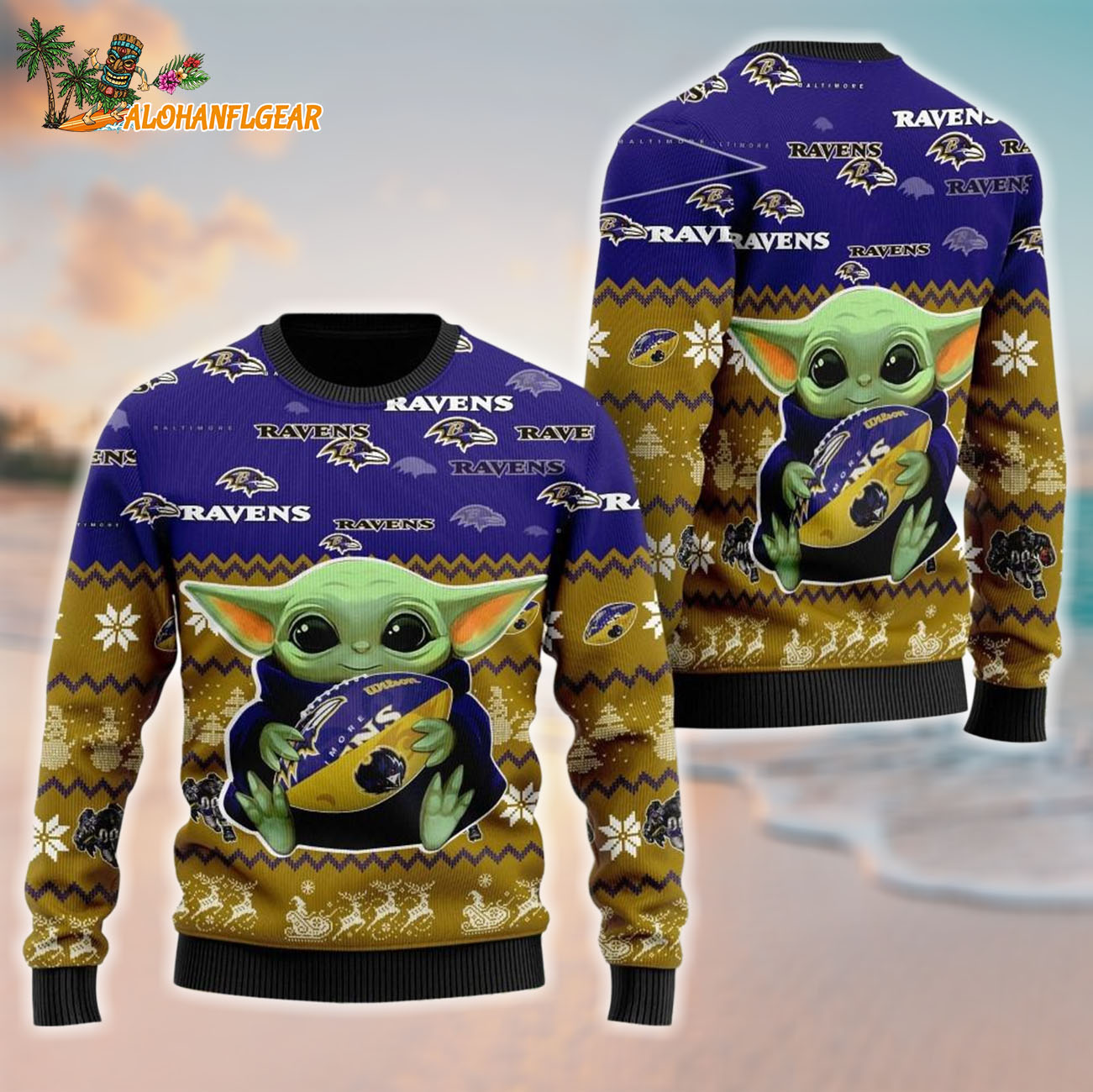 Baltimore Ravens Baby Yoda Hug The Ball Christmas Ugly Sweater Baltimore Ravens Baby Yoda Hug The Ball Christmas Ugly Sweater