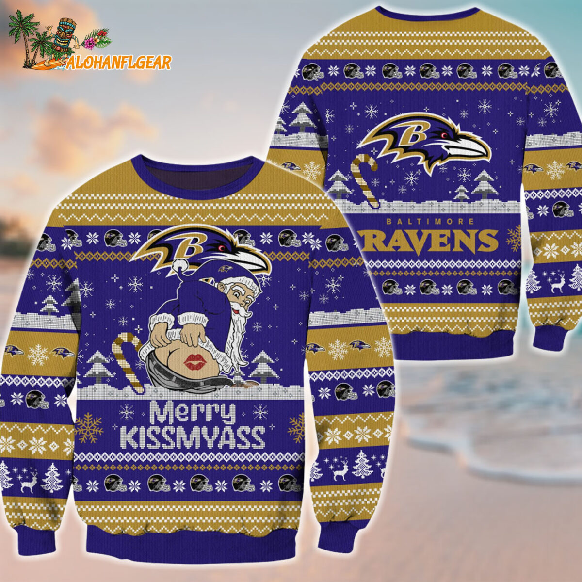Baltimore Ravens Merrykissmyass Funny Santa Claus Christmas Ugly Sweater