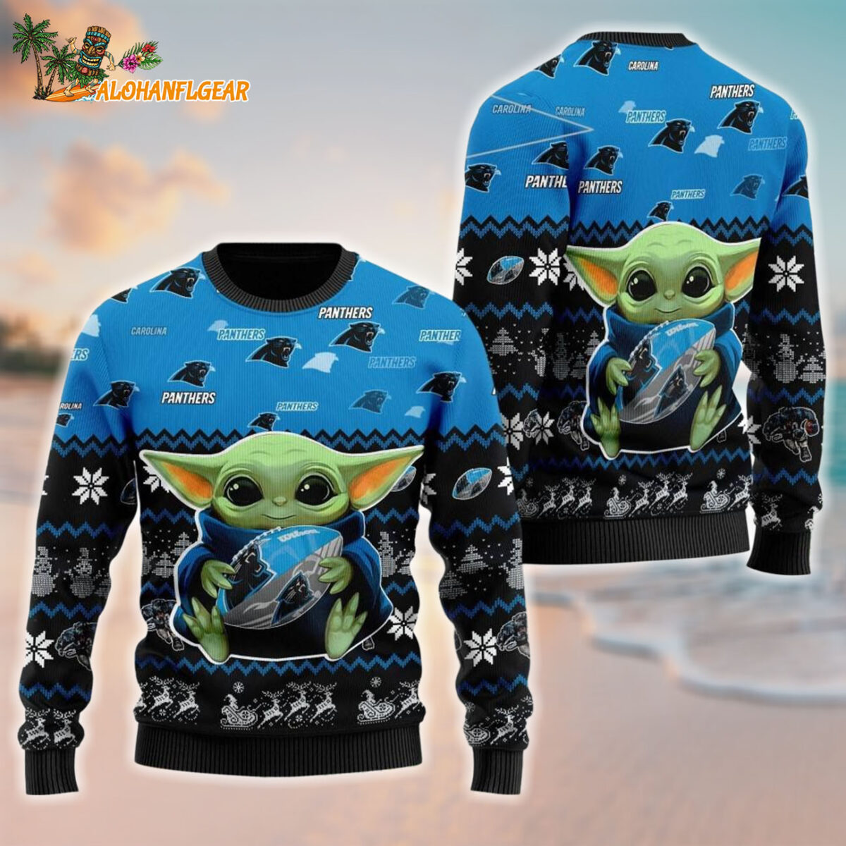 Carolina Panthers Baby Yoda Hug The Ball Christmas Ugly Sweater