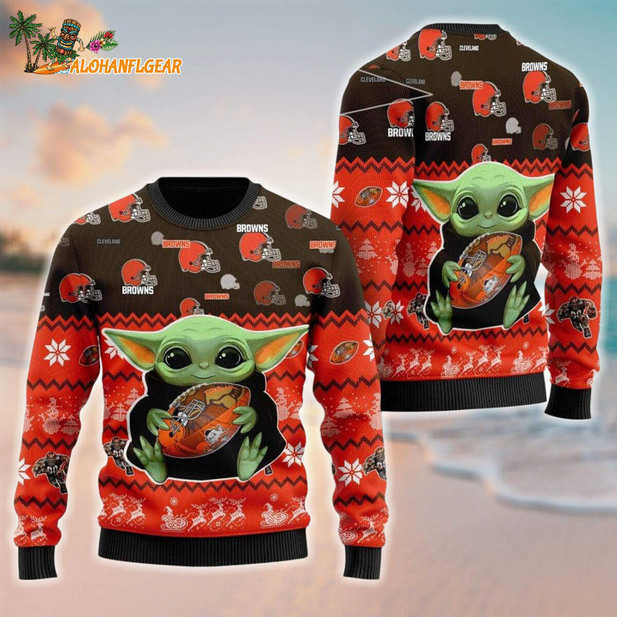 Cleveland Browns Baby Yoda Hug The Ball Christmas Ugly Sweater