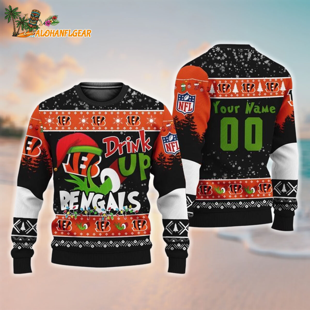 Custom Cincinnati Bengals Drink Up The Grinch Christmas Ugly Sweater