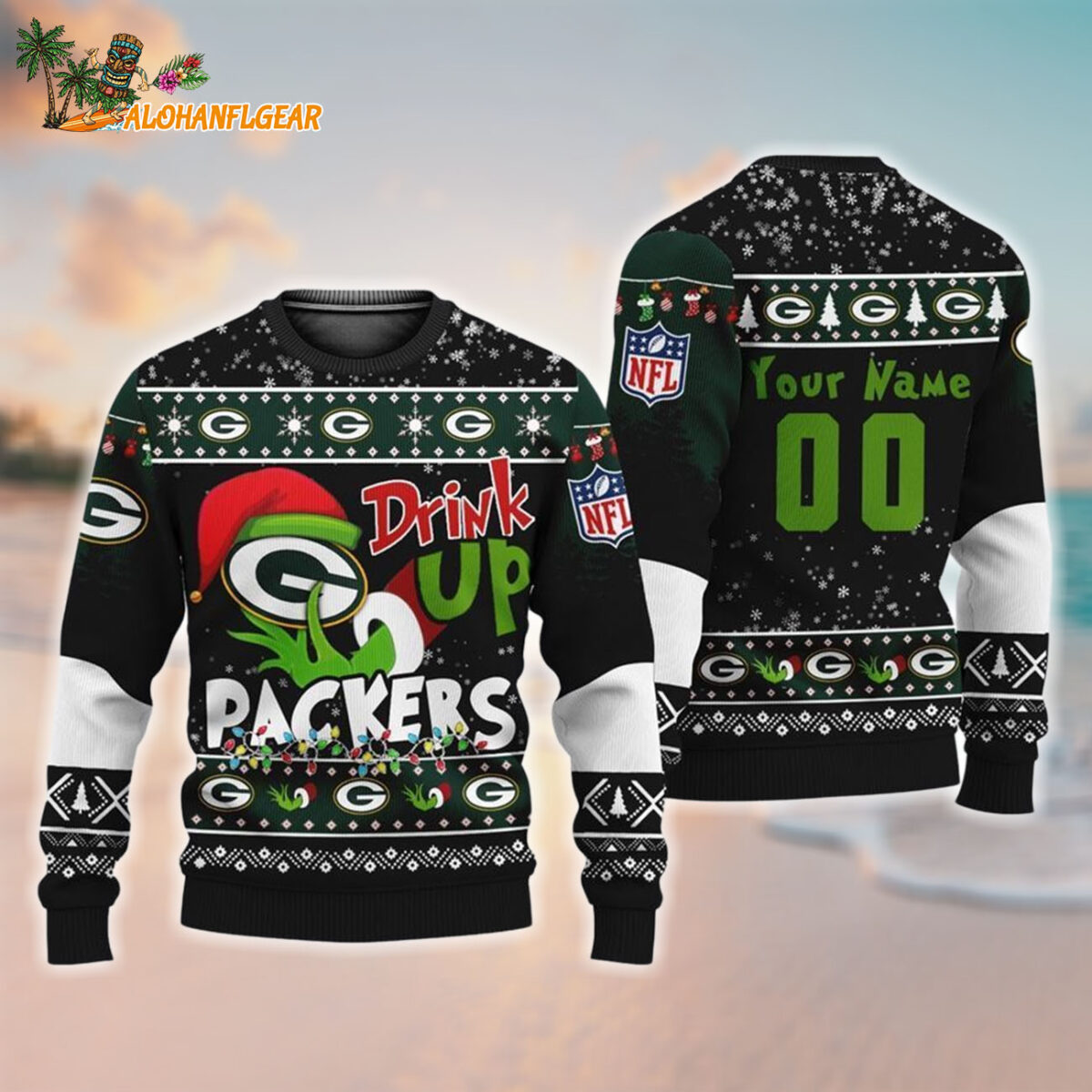 Custom Green Bay Packers Drink Up The Grinch Christmas Ugly Sweater