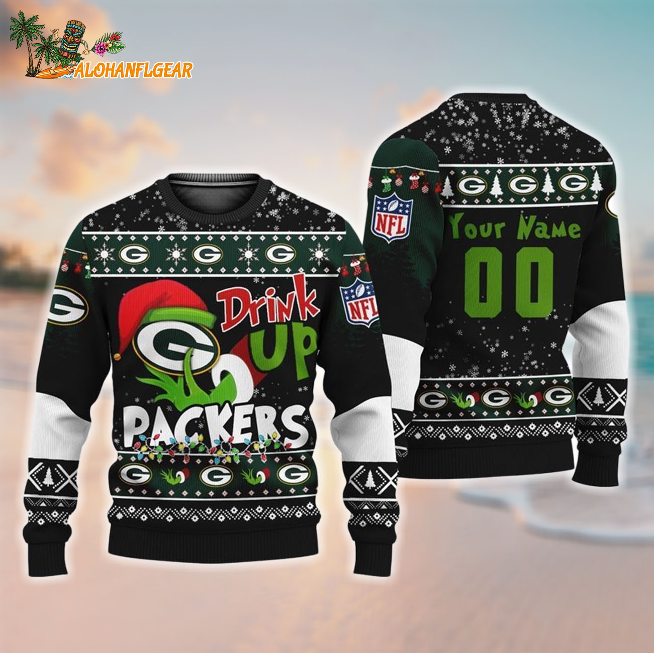 Custom Green Bay Packers Drink Up The Grinch Christmas Ugly Sweater Custom Green Bay Packers Drink Up The Grinch Christmas Ugly Sweater