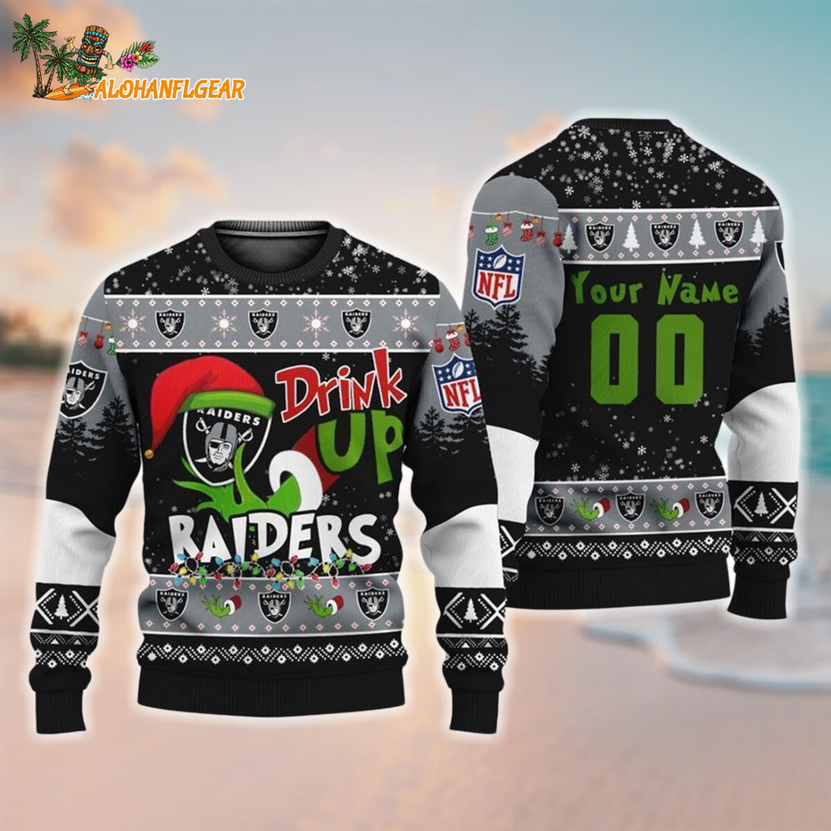 Custom Las Vegas Raiders Drink Up The Grinch Christmas Ugly Sweater