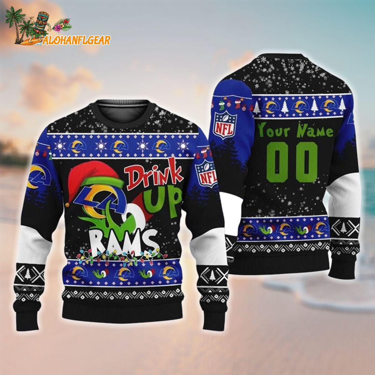 Custom Los Angeles Rams Drink Up The Grinch Christmas Ugly Sweater