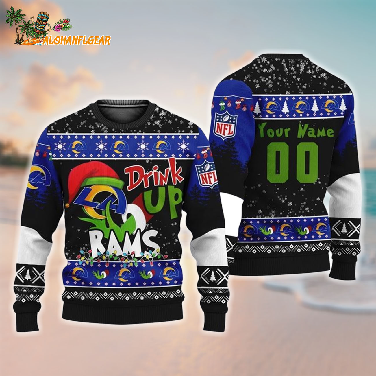 Custom Los Angeles Rams Drink Up The Grinch Christmas Ugly Sweater Custom Los Angeles Rams Drink Up The Grinch Christmas Ugly Sweater