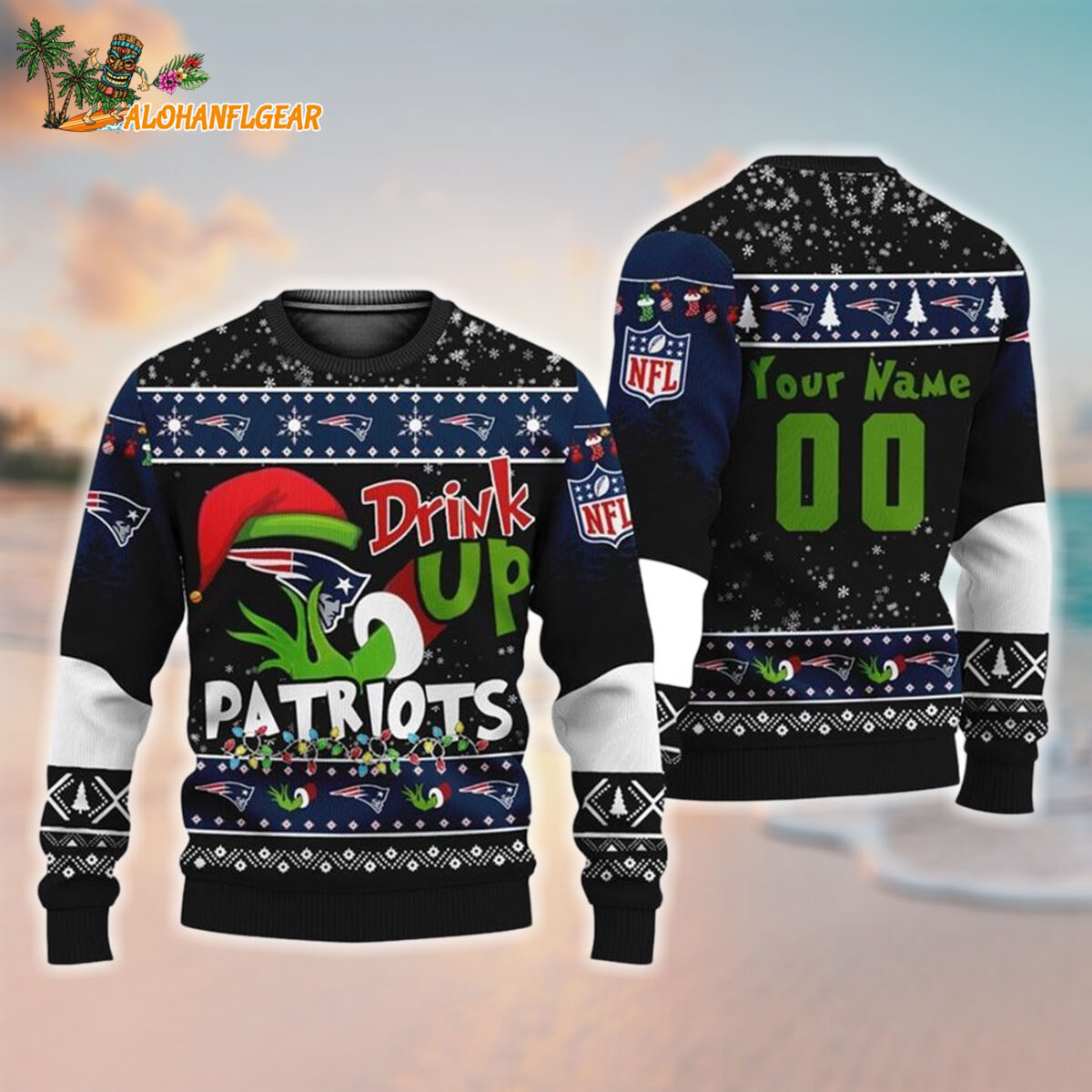 Custom New England Patriots Drink Up The Grinch Christmas Ugly Sweater