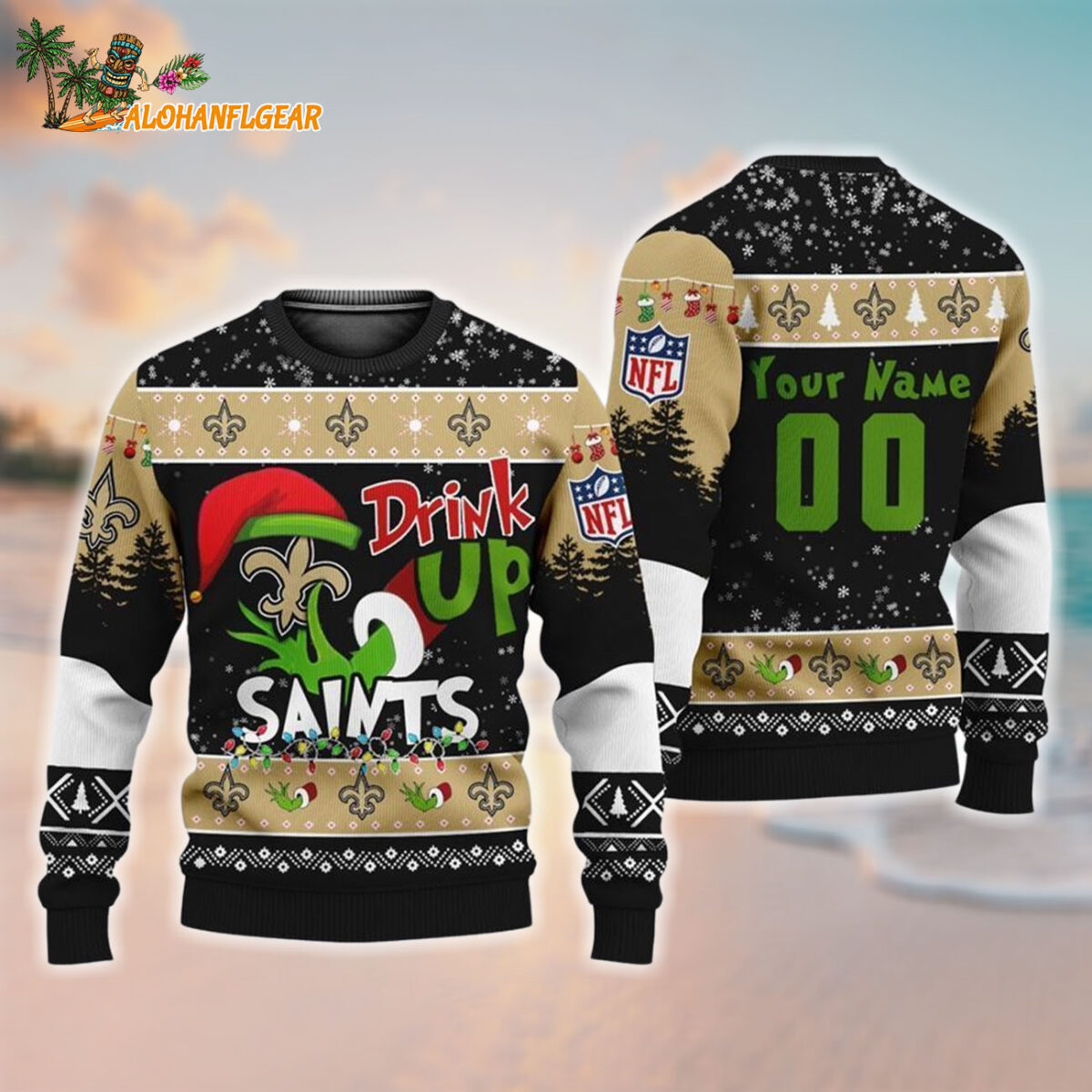 Custom New Orleans Saints Drink Up The Grinch Christmas Ugly Sweater