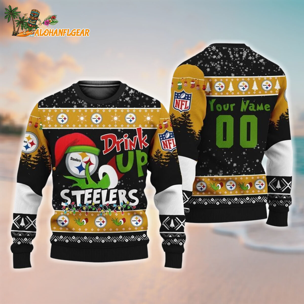 Custom Pittsburgh Steelers Drink Up The Grinch Christmas Ugly Sweater
