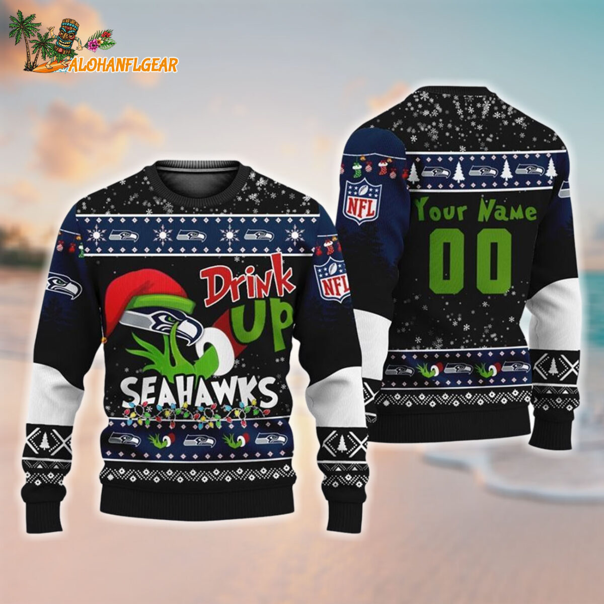 Custom Seattle Seahawks Drink Up The Grinch Christmas Ugly Sweater