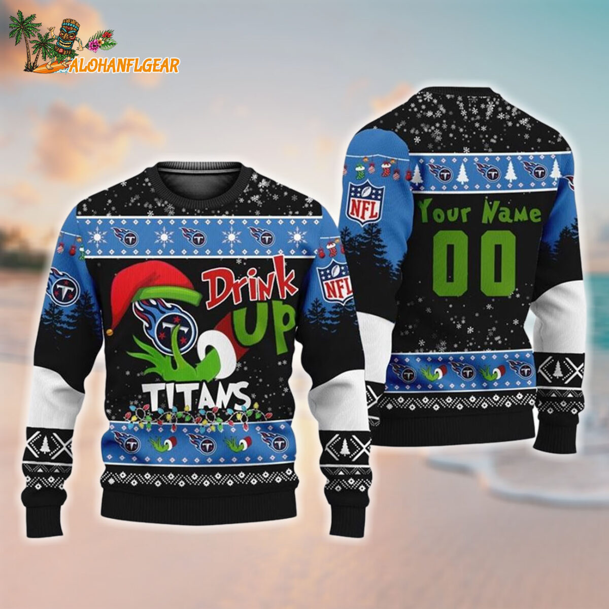 Custom Tennessee Titans Drink Up The Grinch Christmas Ugly Sweater
