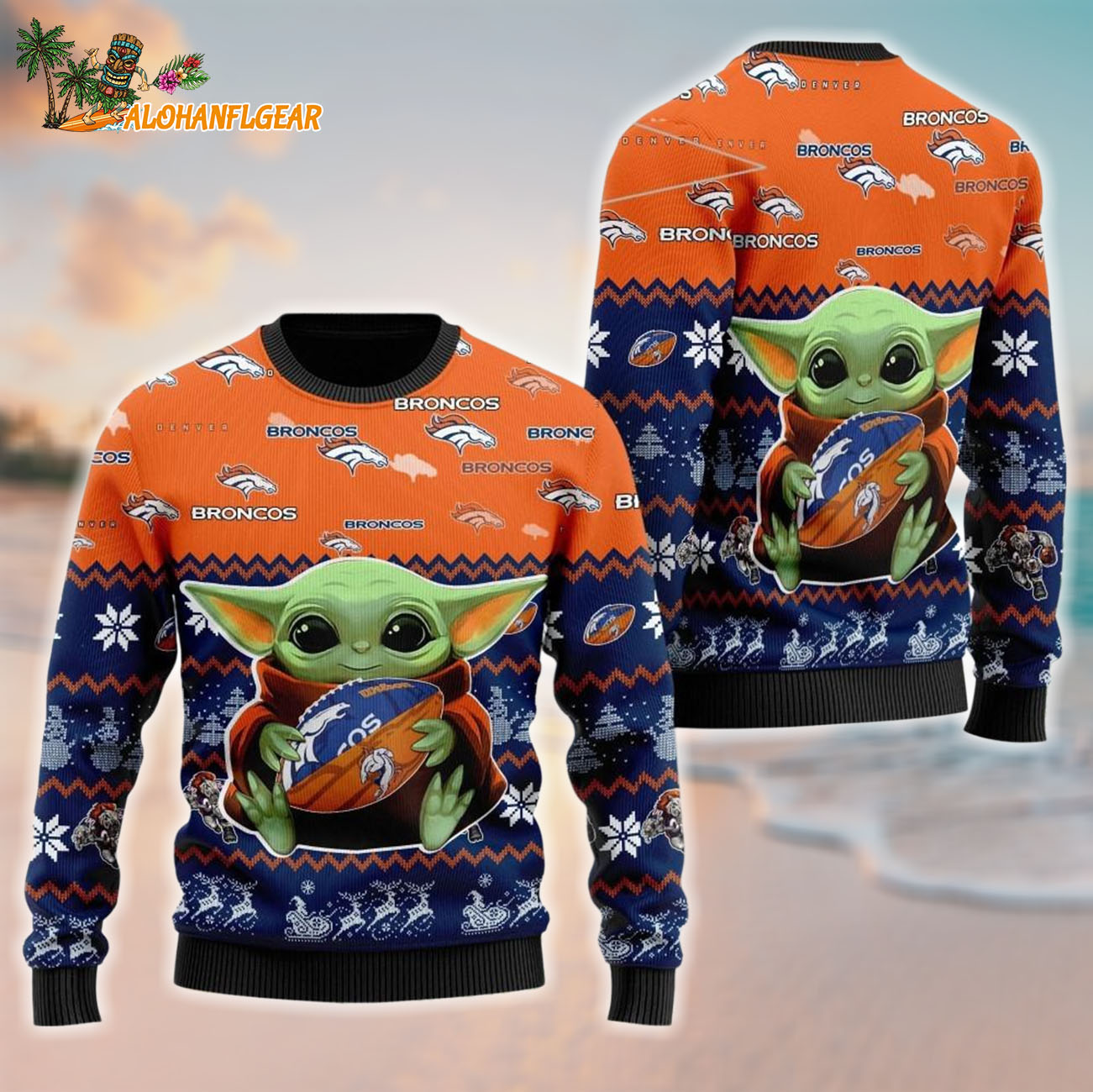 Denver Broncos Baby Yoda Hug The Ball Christmas Ugly Sweater Denver Broncos Baby Yoda Hug The Ball Christmas Ugly Sweater