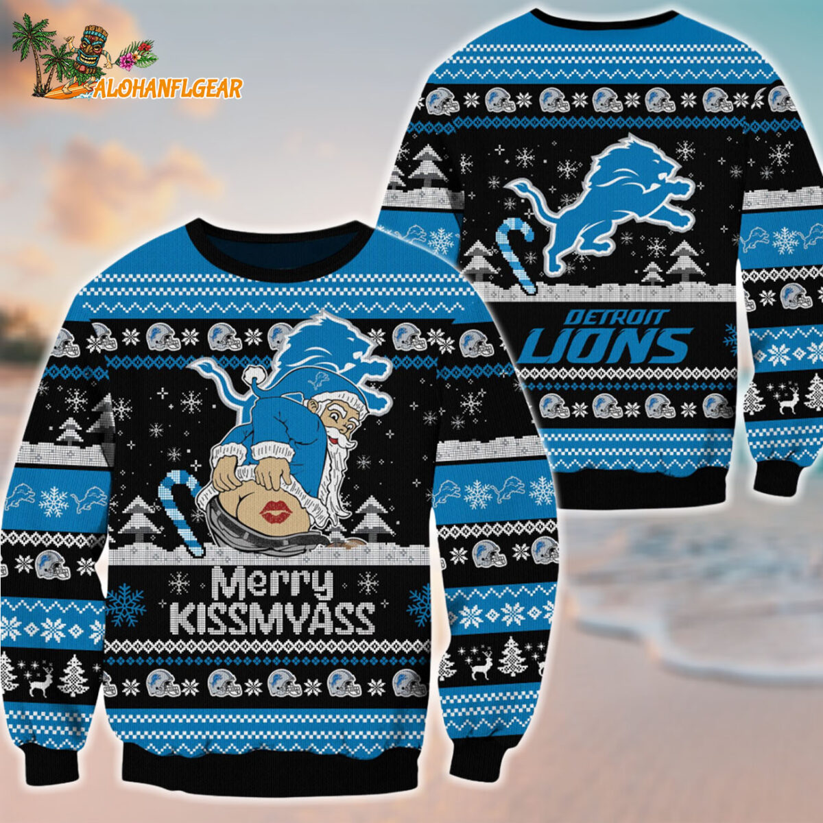 Detroit Lions Merrykissmyass Funny Santa Claus Christmas Ugly Sweater