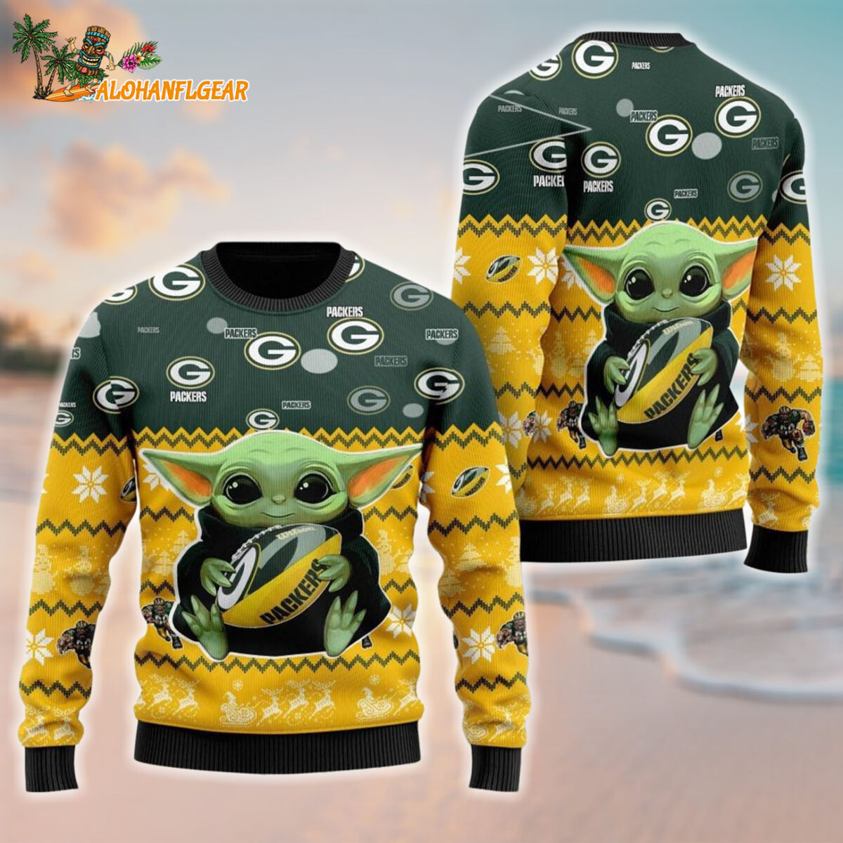 Green Bay Packers Baby Yoda Hug The Ball Christmas Ugly Sweater