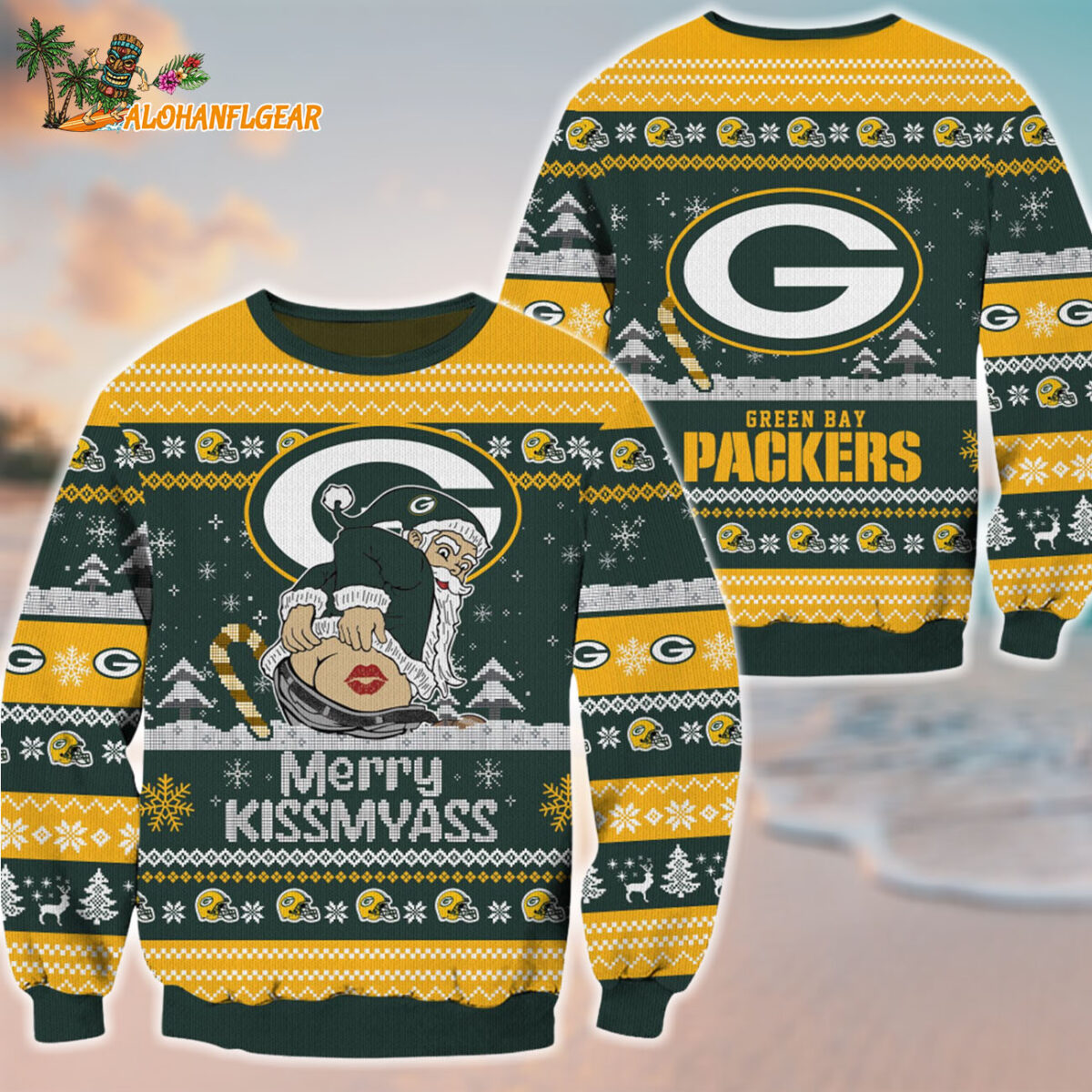 Green Bay Packers Merrykissmyass Funny Santa Claus Christmas Ugly Sweater
