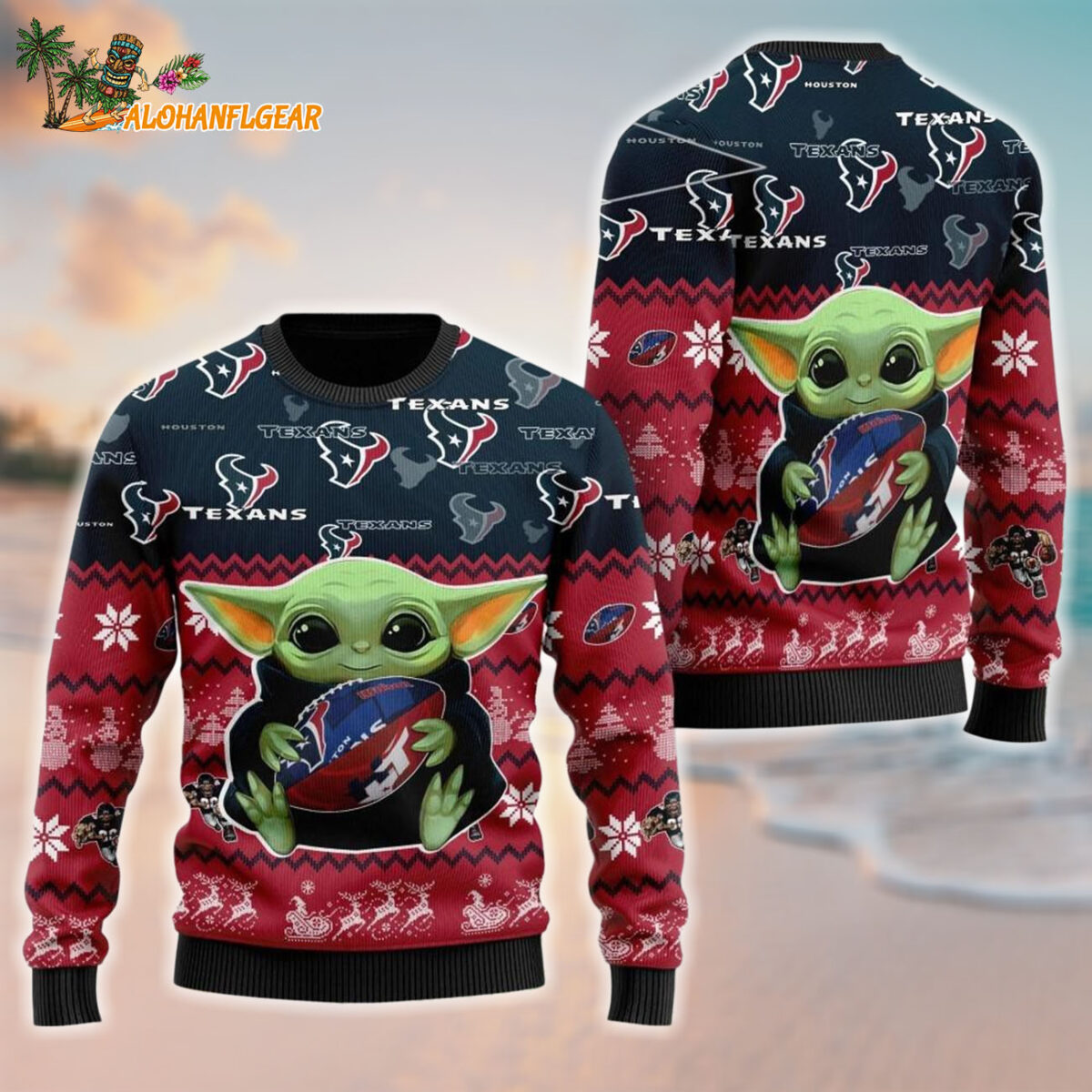 Houston Texans Baby Yoda Hug The Ball Christmas Ugly Sweater