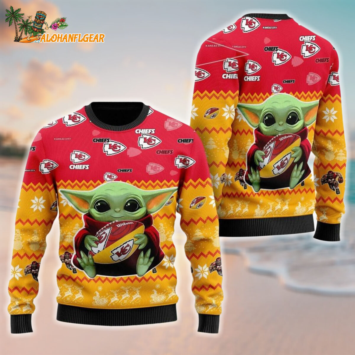 Kansas City Chiefs Baby Yoda Hug The Ball Christmas Ugly Sweater