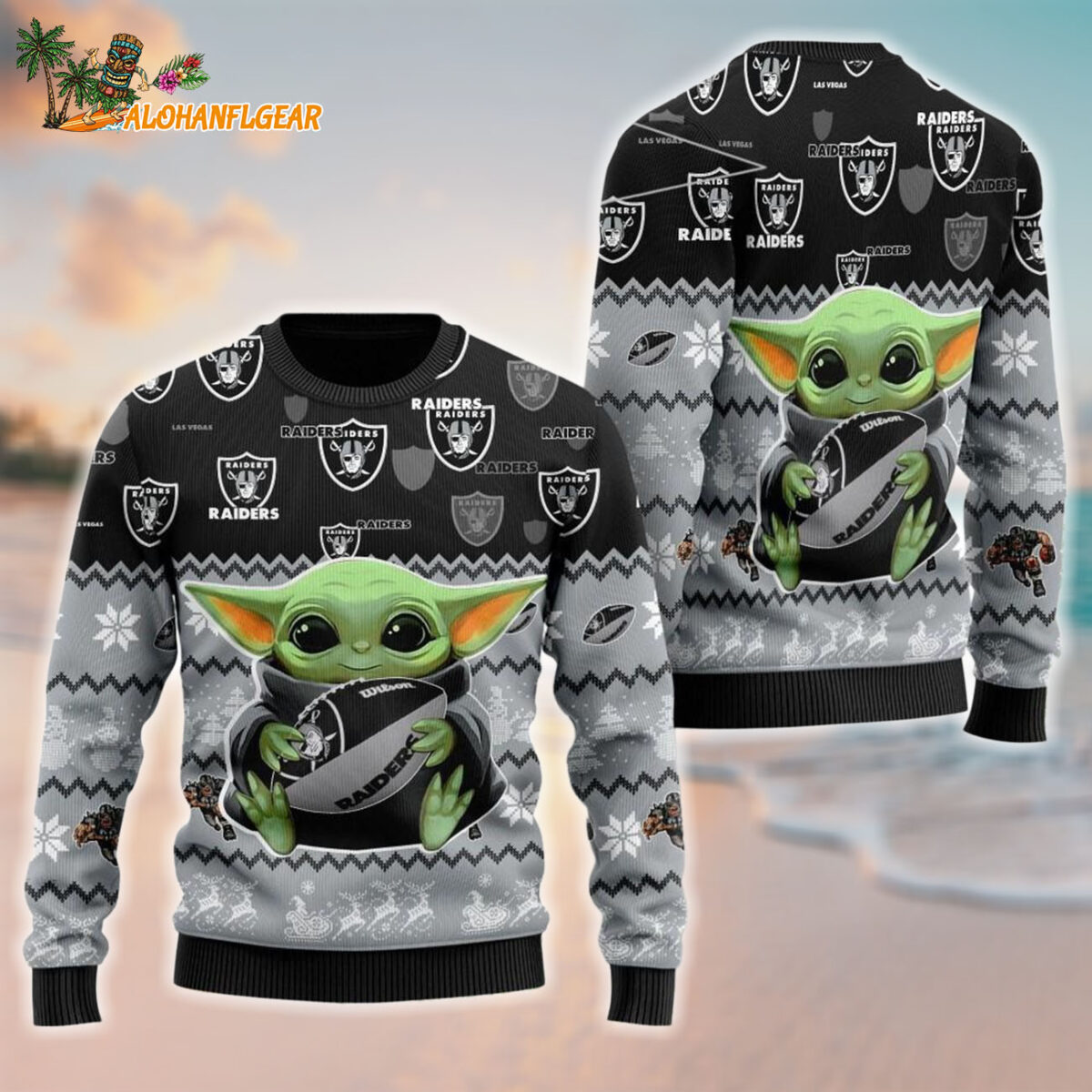 Las Vegas Raiders Baby Yoda Hug The Ball Christmas Ugly Sweater
