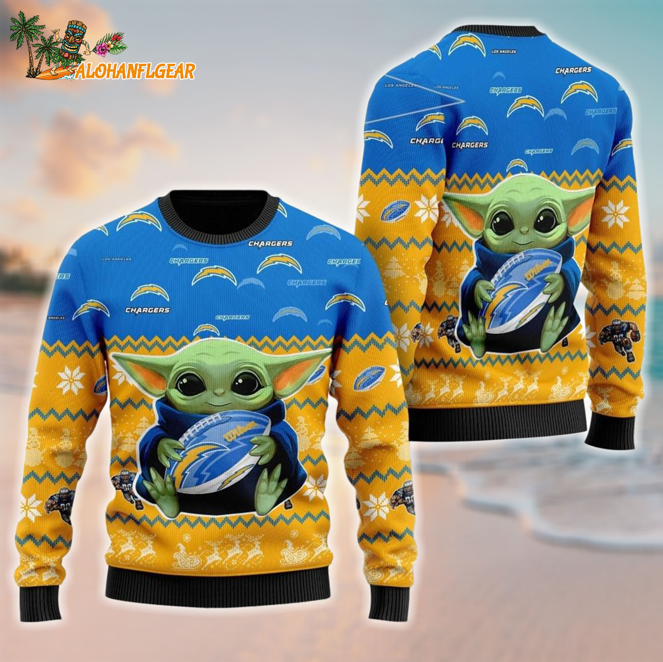 Los Angeles Chargers Baby Yoda Hug The Ball Christmas Ugly Sweater Los Angeles Chargers Baby Yoda Hug The Ball Christmas Ugly Sweater