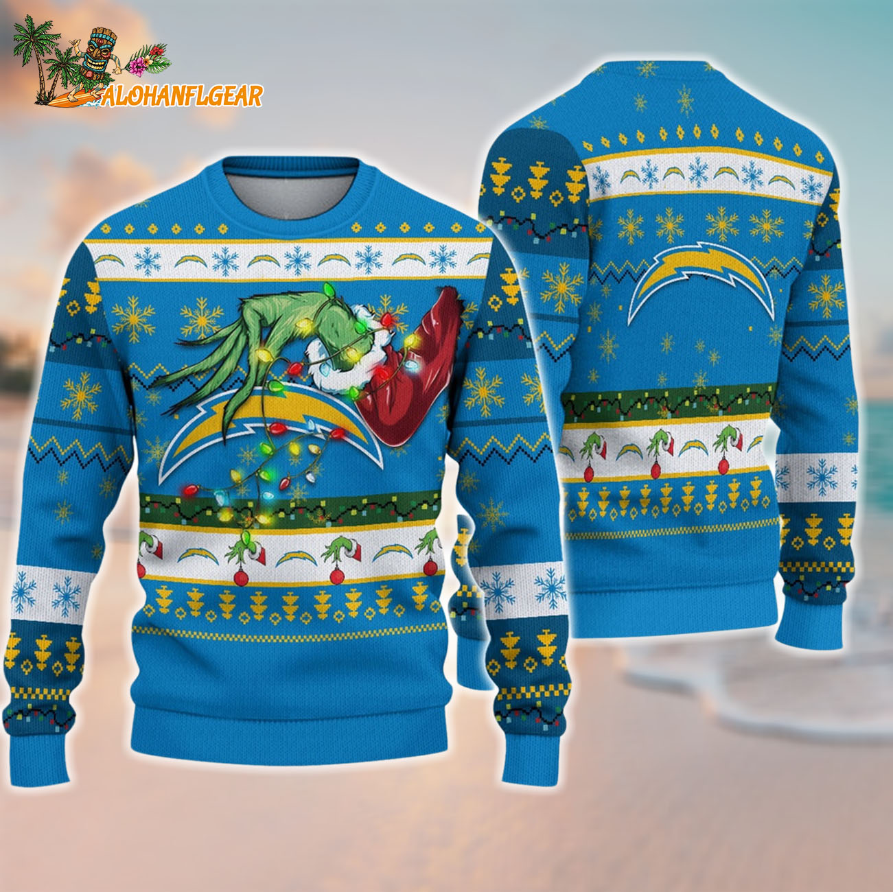 Los Angeles Chargers Special Grinchs Hand Football Christmas Ugly Sweater Los Angeles Chargers Special Grinchs Hand Football Christmas Ugly Sweater