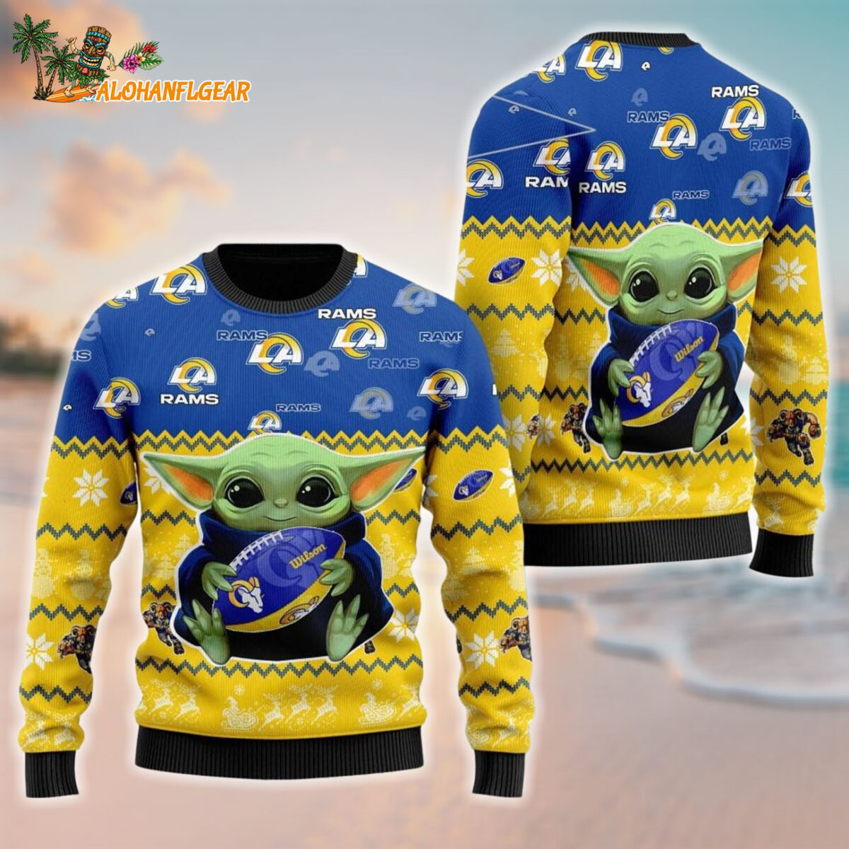 Los Angeles Rams Baby Yoda Hug The Ball Christmas Ugly Sweater