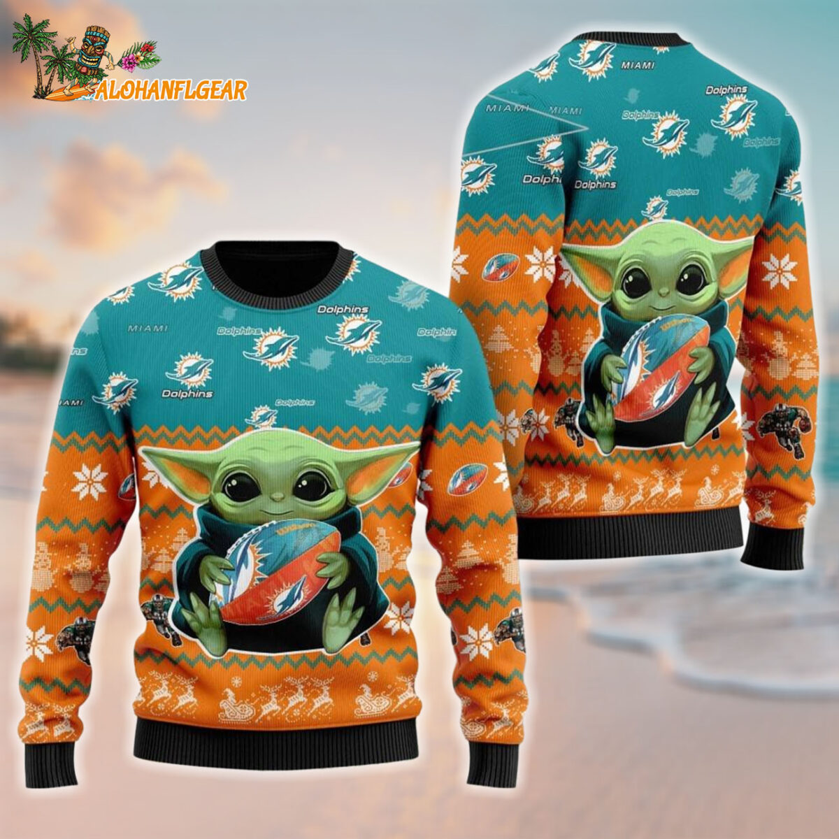 Miami Dolphins Baby Yoda Hug The Ball Christmas Ugly Sweater