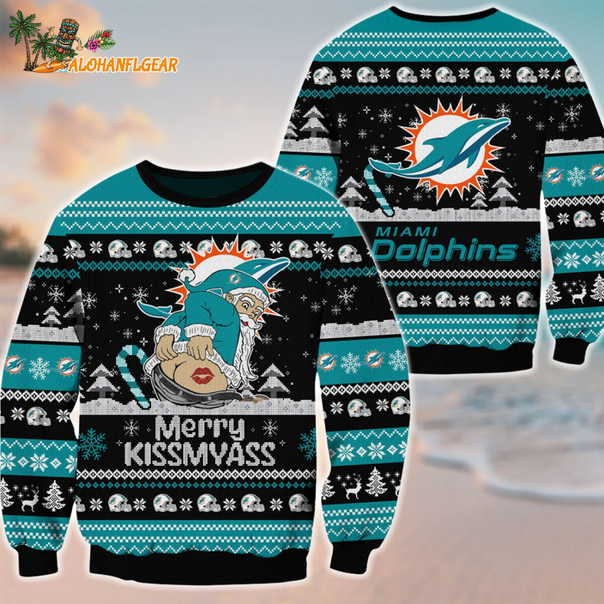 Miami Dolphins Merrykissmyass Funny Santa Claus Christmas Ugly Sweater