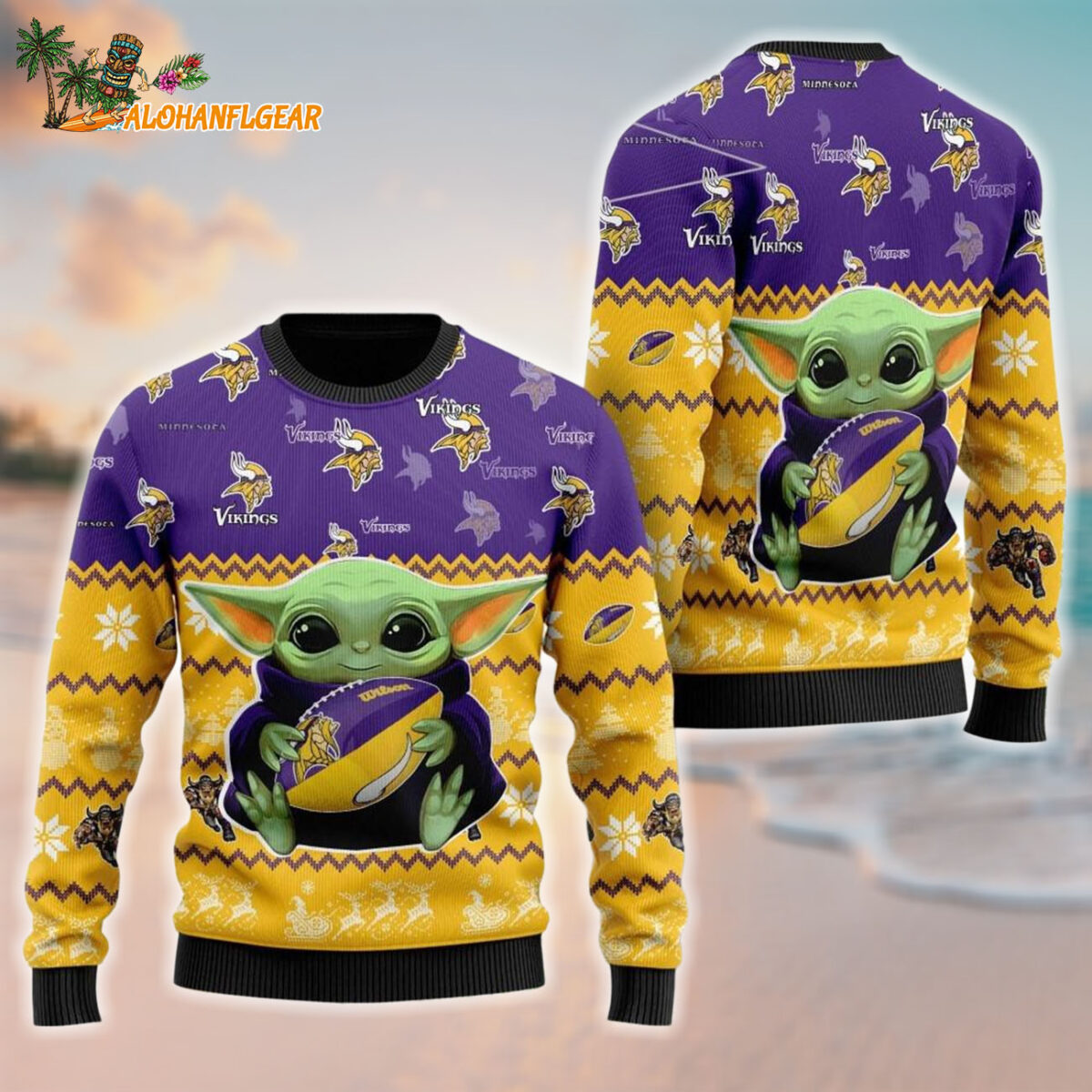 Minnesota Vikings Baby Yoda Hug The Ball Christmas Ugly Sweater