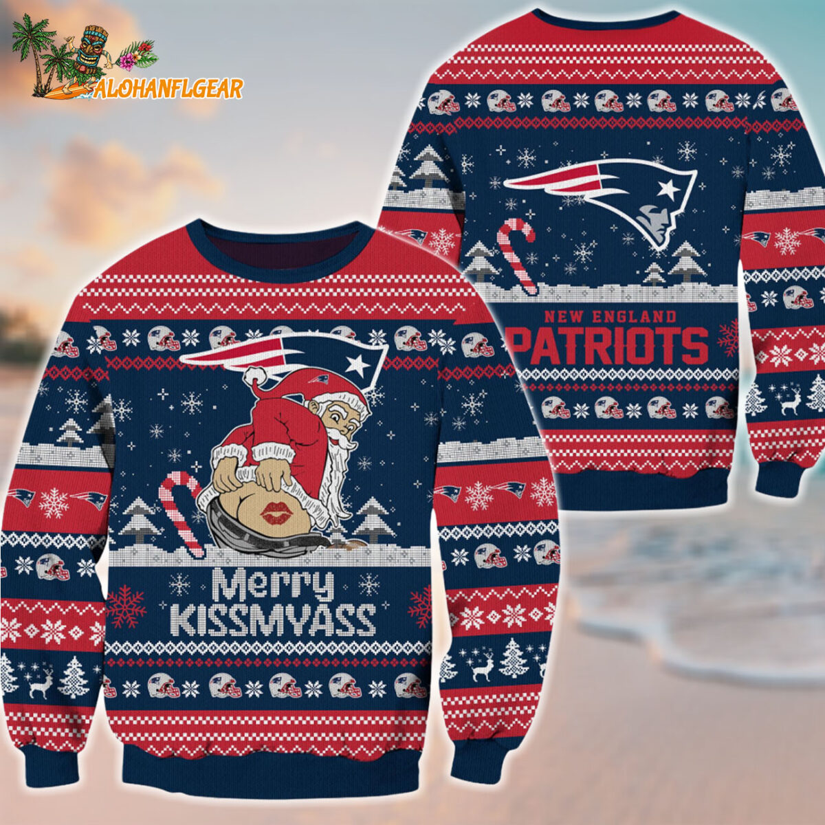 New England Patriots Merrykissmyass Funny Santa Claus Christmas Ugly Sweater