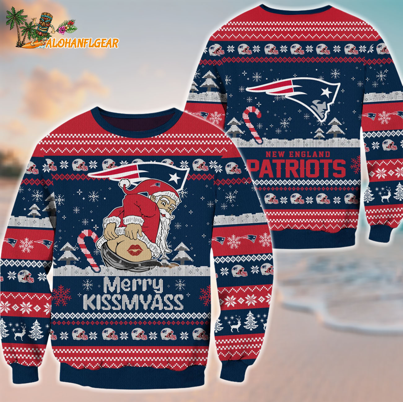 New England Patriots Merrykissmyass Funny Santa Claus Christmas Ugly Sweater New England Patriots Merrykissmyass Funny Santa Claus Christmas Ugly Sweater