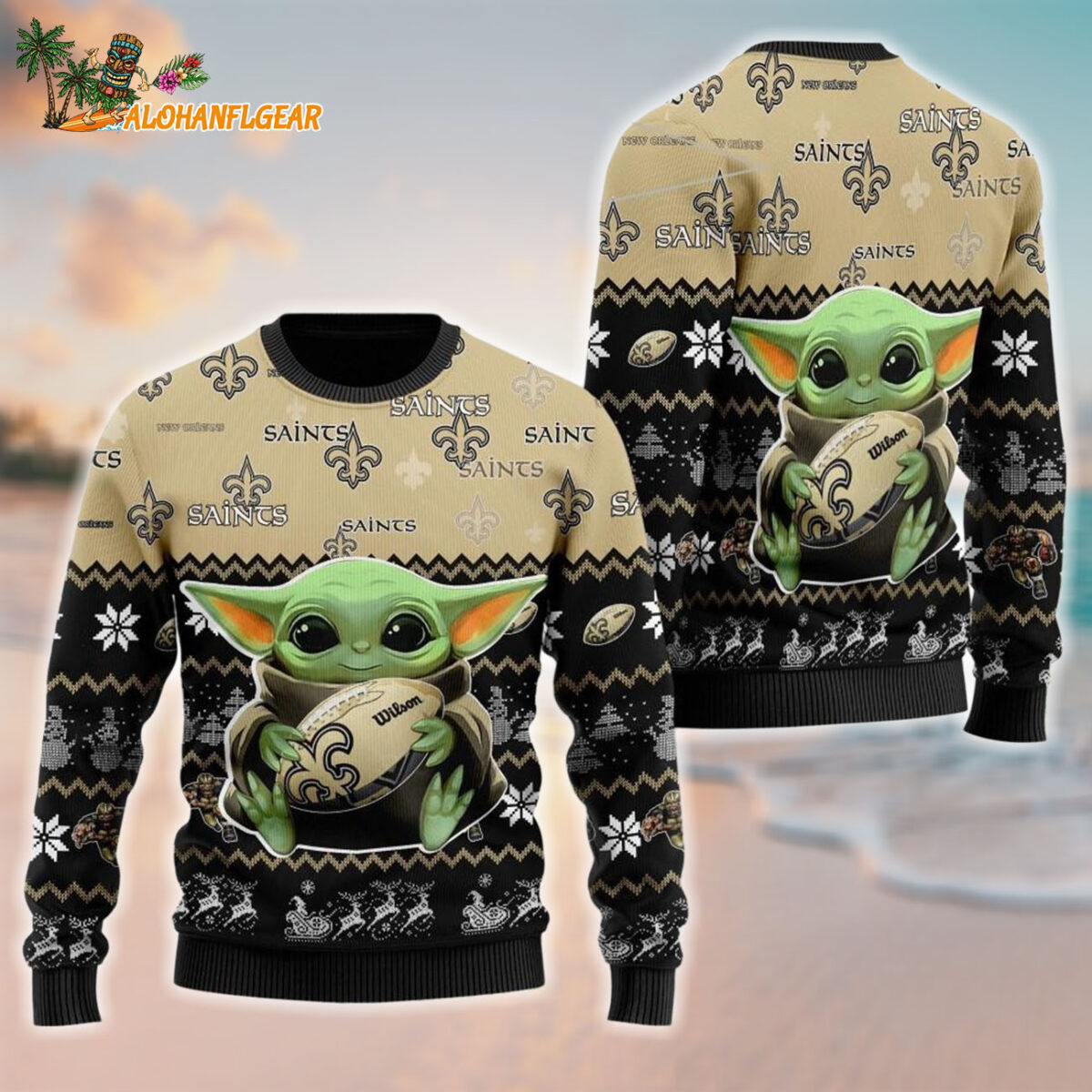 New Orleans Saints Baby Yoda Hug The Ball Christmas Ugly Sweater