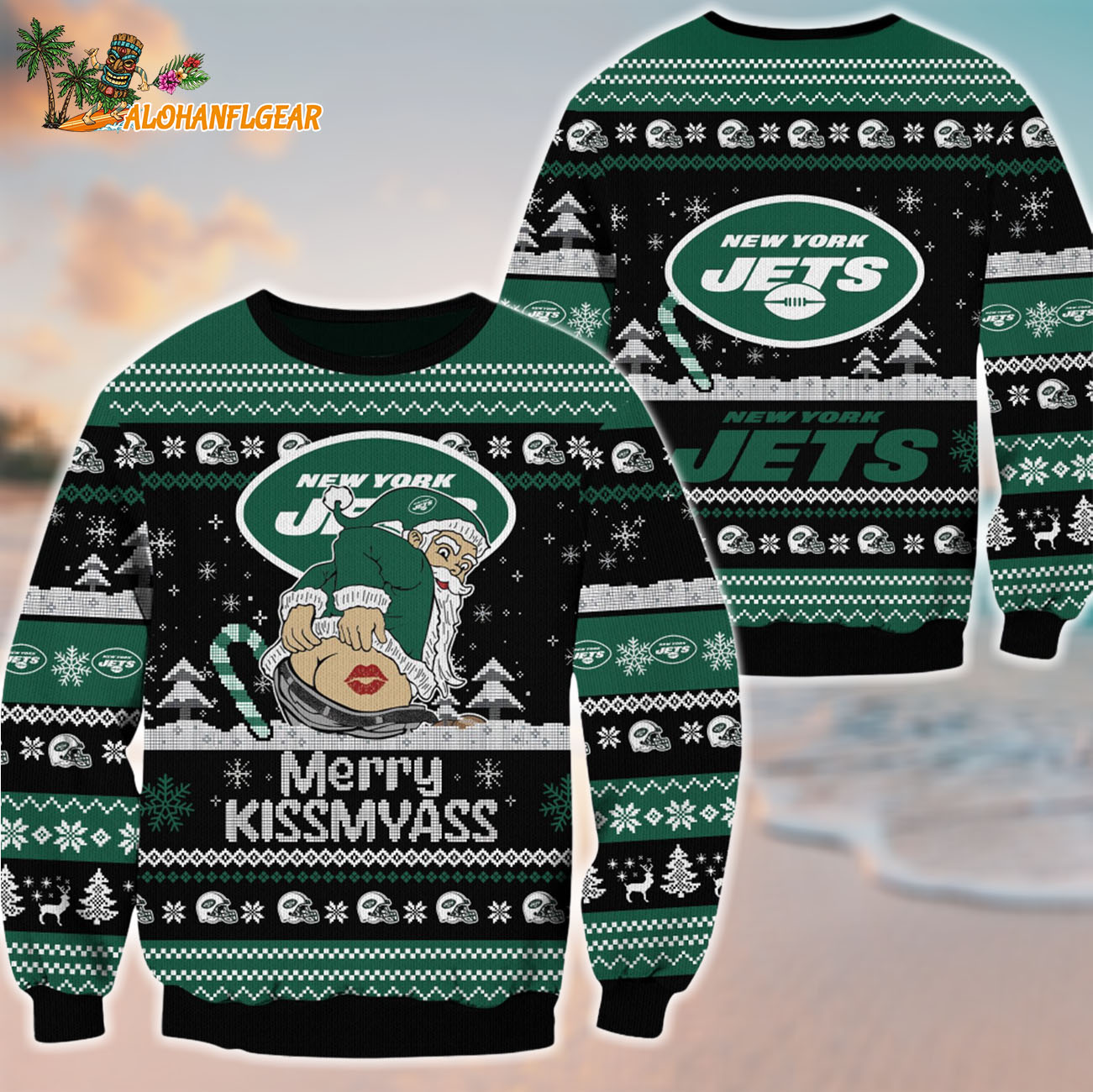 New York Jets Merrykissmyass Funny Santa Claus Christmas Ugly Sweater New York Jets Merrykissmyass Funny Santa Claus Christmas Ugly Sweater