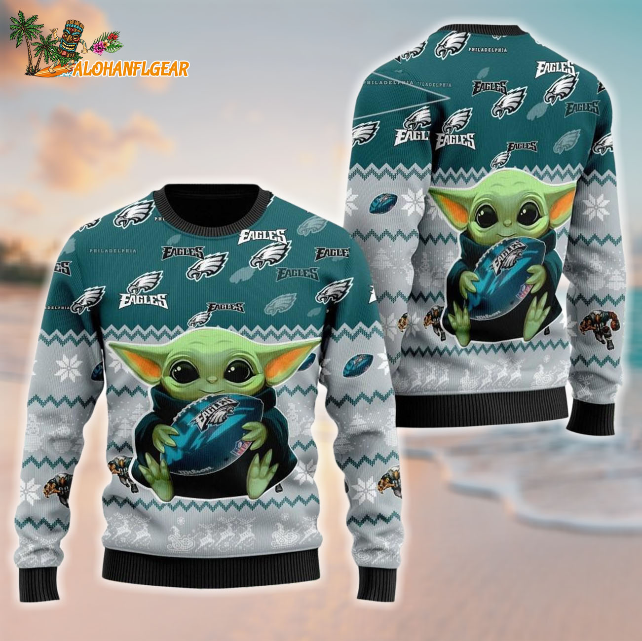 Philadelphia Eagles Baby Yoda Hug The Ball Christmas Ugly Sweater Philadelphia Eagles Baby Yoda Hug The Ball Christmas Ugly Sweater