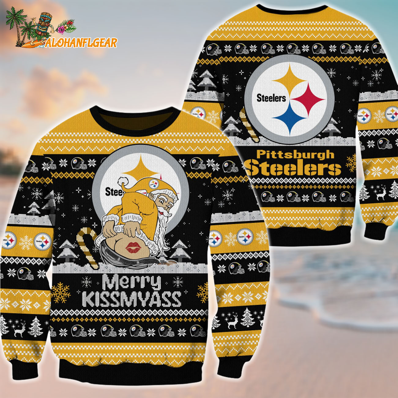 Pittsburgh Steelers Merrykissmyass Funny Santa Claus Christmas Ugly Sweater Pittsburgh Steelers Merrykissmyass Funny Santa Claus Christmas Ugly Sweater