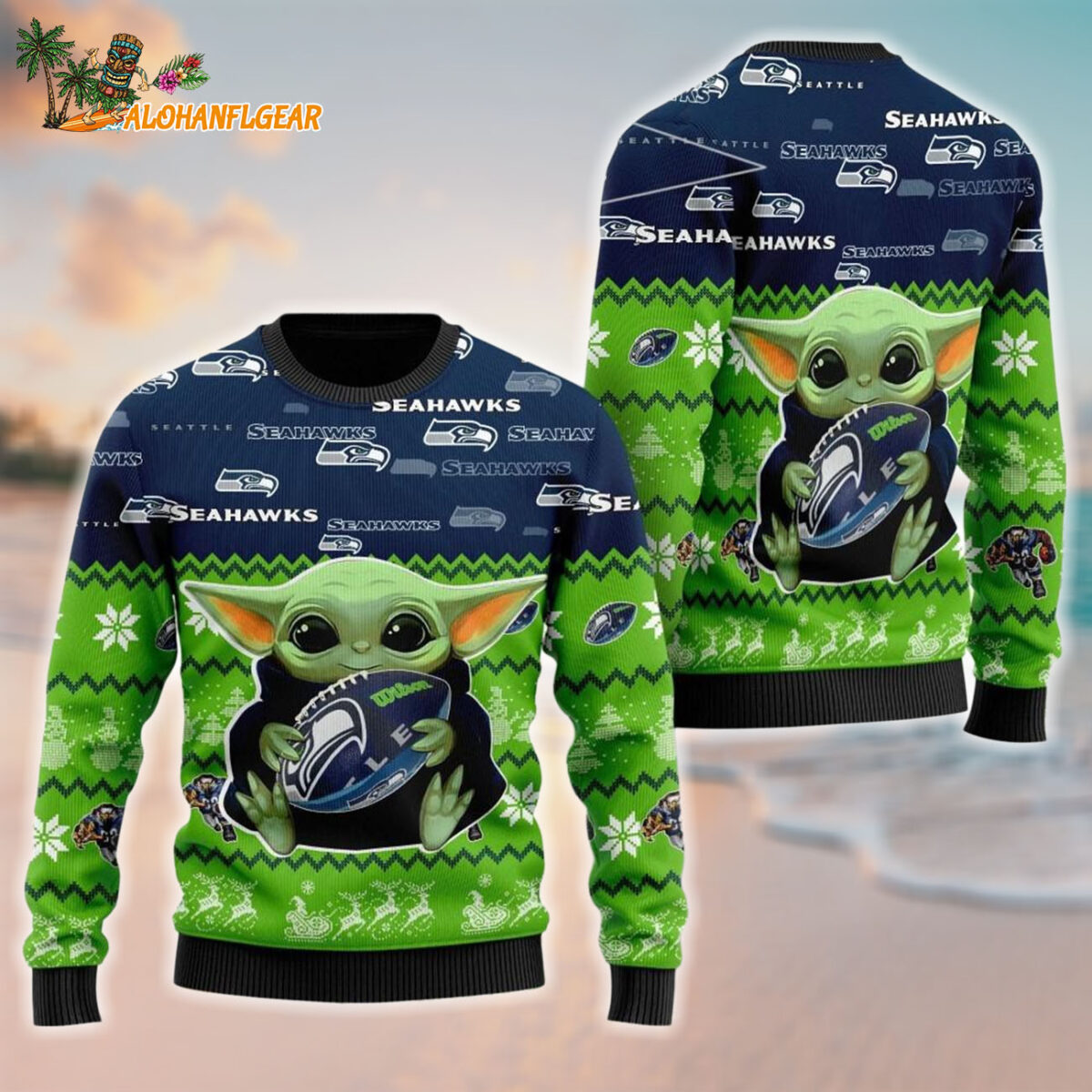 Seattle Seahawks Baby Yoda Hug The Ball Christmas Ugly Sweater