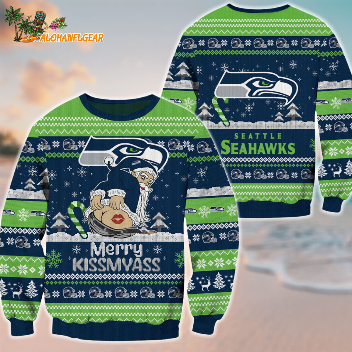 Seattle Seahawks Merrykissmyass Funny Santa Claus Christmas Ugly Sweater