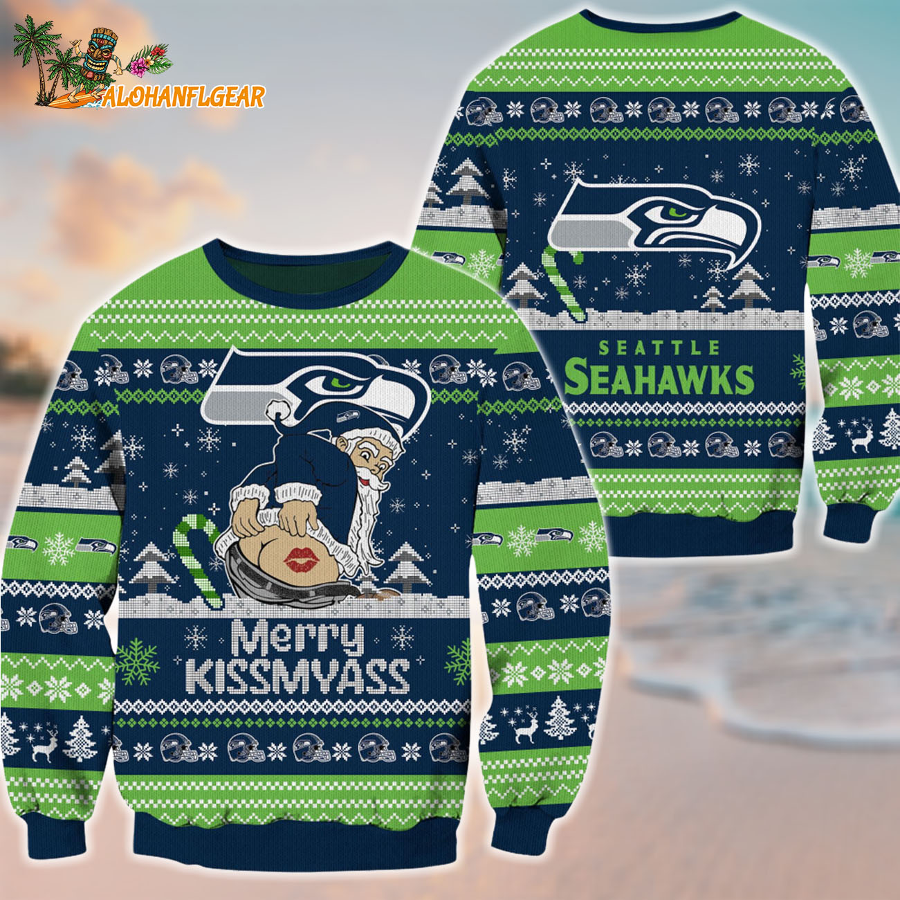 Seattle Seahawks Merrykissmyass Funny Santa Claus Christmas Ugly Sweater Seattle Seahawks Merrykissmyass Funny Santa Claus Christmas Ugly Sweater