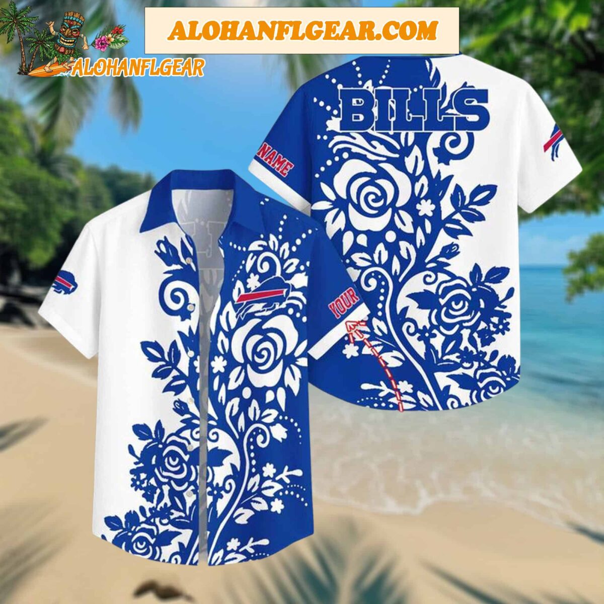 Custom Name Buffalo Bills Rose Branch Pattern Aloha Hawaiian Shirt 1